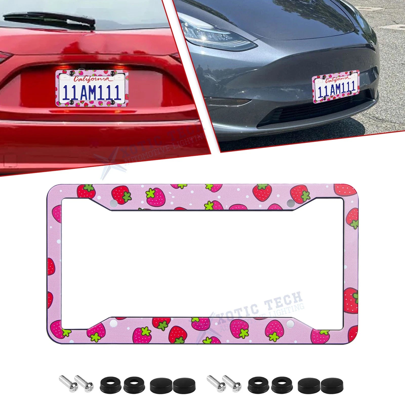 Strawberry Pink 4-Hole Universal US Car License Plate Frame Decoration (—)