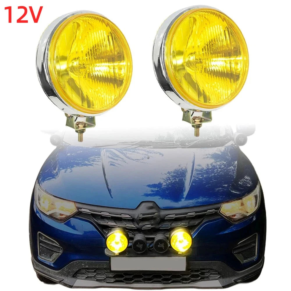 Set of 2 Round Chrome Yellow Halogen H3 12V Fog Lights for Universal Fit