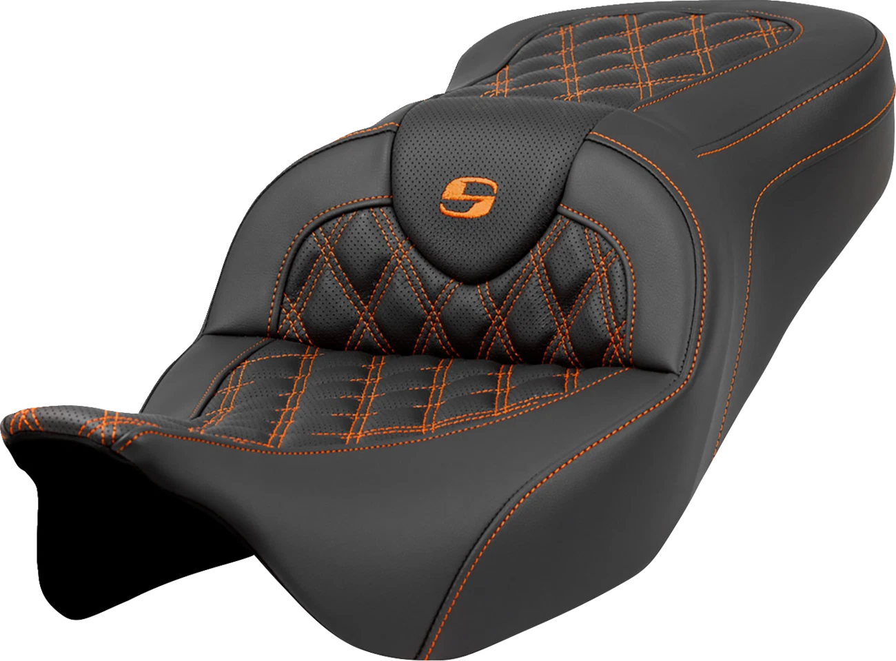 SADDLEMEN Roadsofa Seat for Harley Davidson (2014–2023) - Lattice Stitch, Orange Stitch