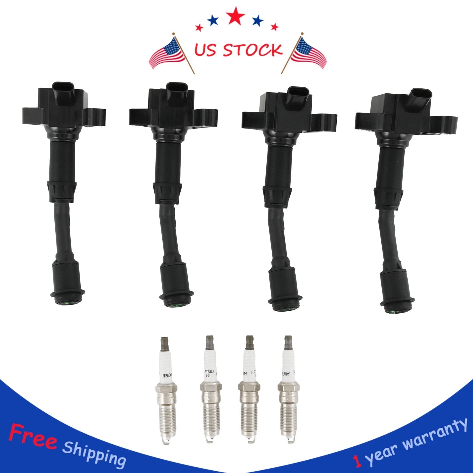 Set of 4 Ignition Coils + 4 Spark Plugs for Ford Fusion SE (2013–2020)
