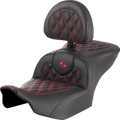 SADDLEMEN RoadSofa Seat with Backrest for Motorcycle (Lattice Stitch, Red Stitch)