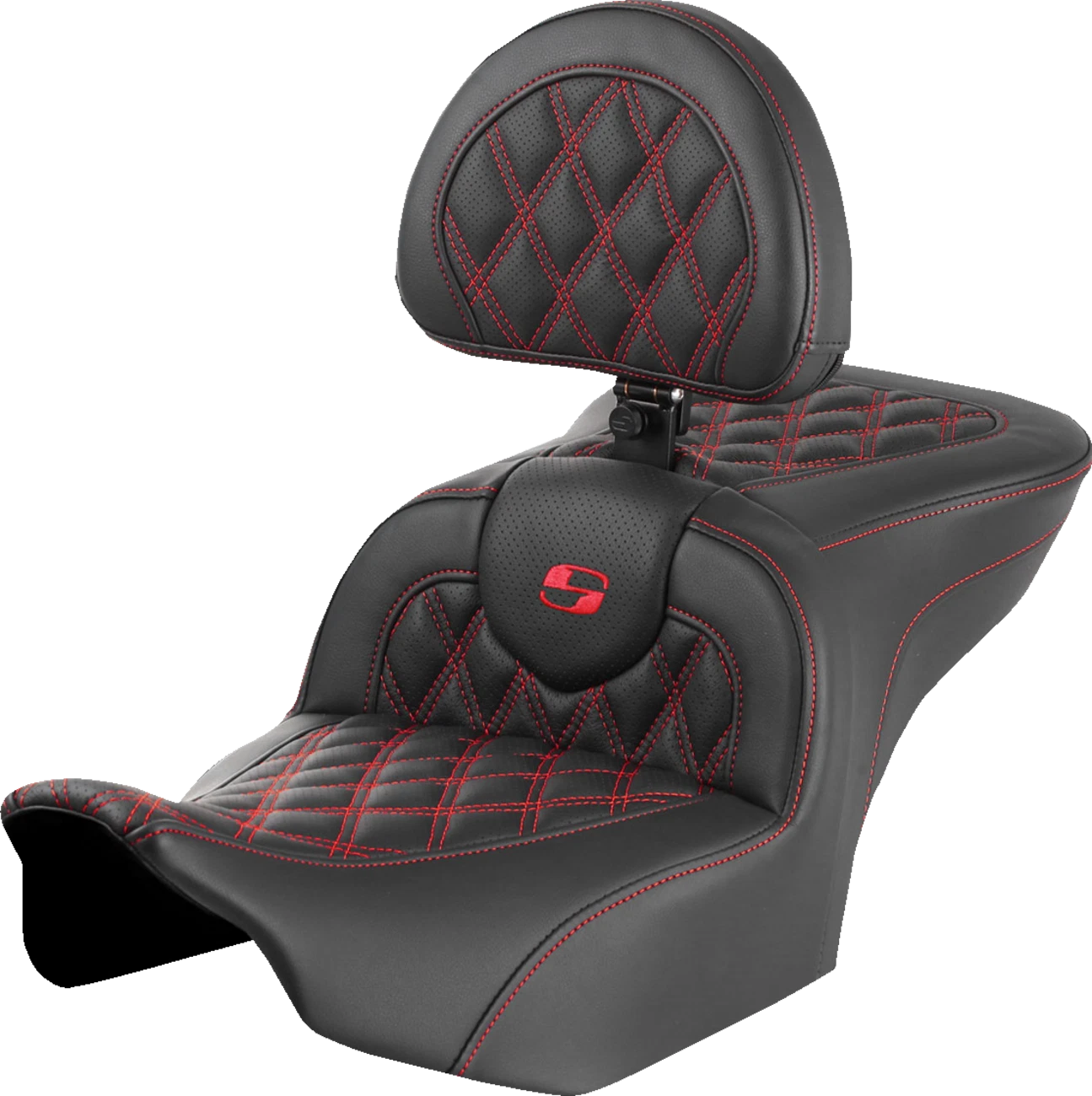 SADDLEMEN RoadSofa Seat with Backrest for Motorcycle (Lattice Stitch, Red Stitch)