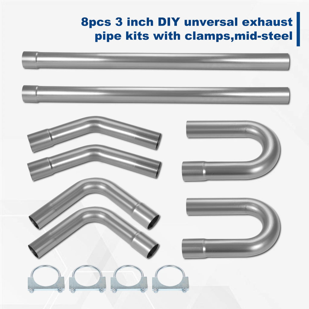 8-Piece 3" Mild Steel Exhaust Pipe Bend Kit for Universal Applications