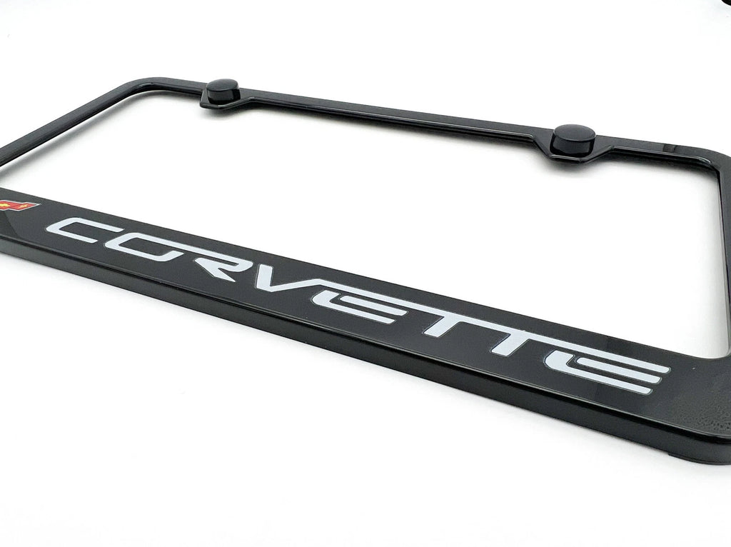 Black Plastic License Plate Frame w/ Chevy Corvette C6 Script Logo