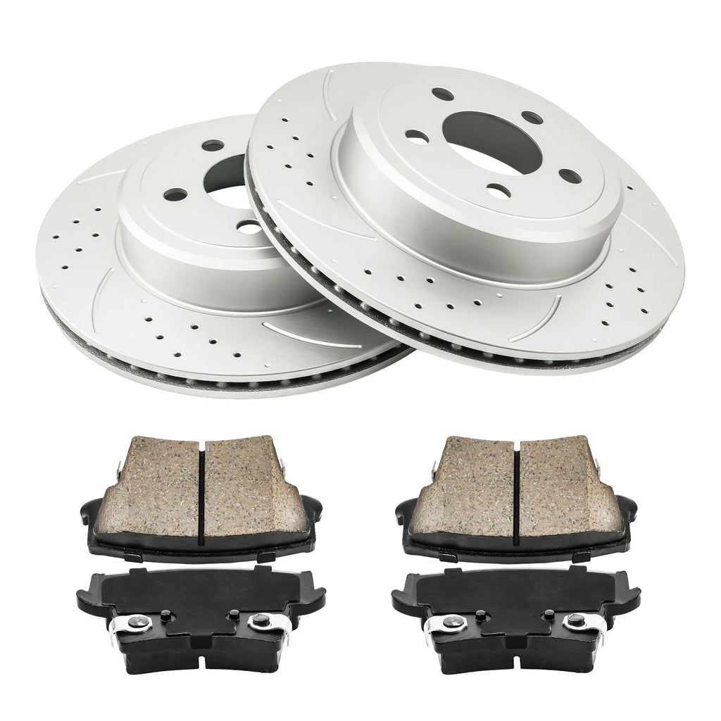 Rear Drilled Slotted Rotors and Pads for Chrysler 300 and Dodge Challenger (2011–2014)