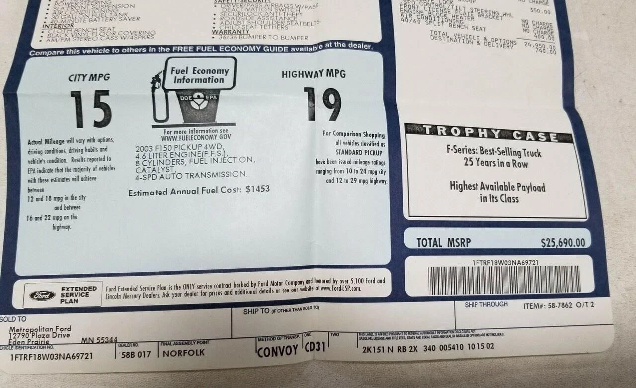 Original Dealer Window Sticker for Ford F150 (2003)