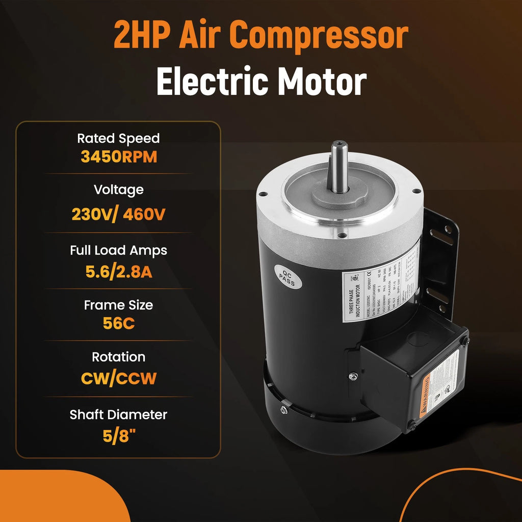 2HP Electric Motor for Air Compressor (TEFC, 3 Phase, 5/8" Shaft)