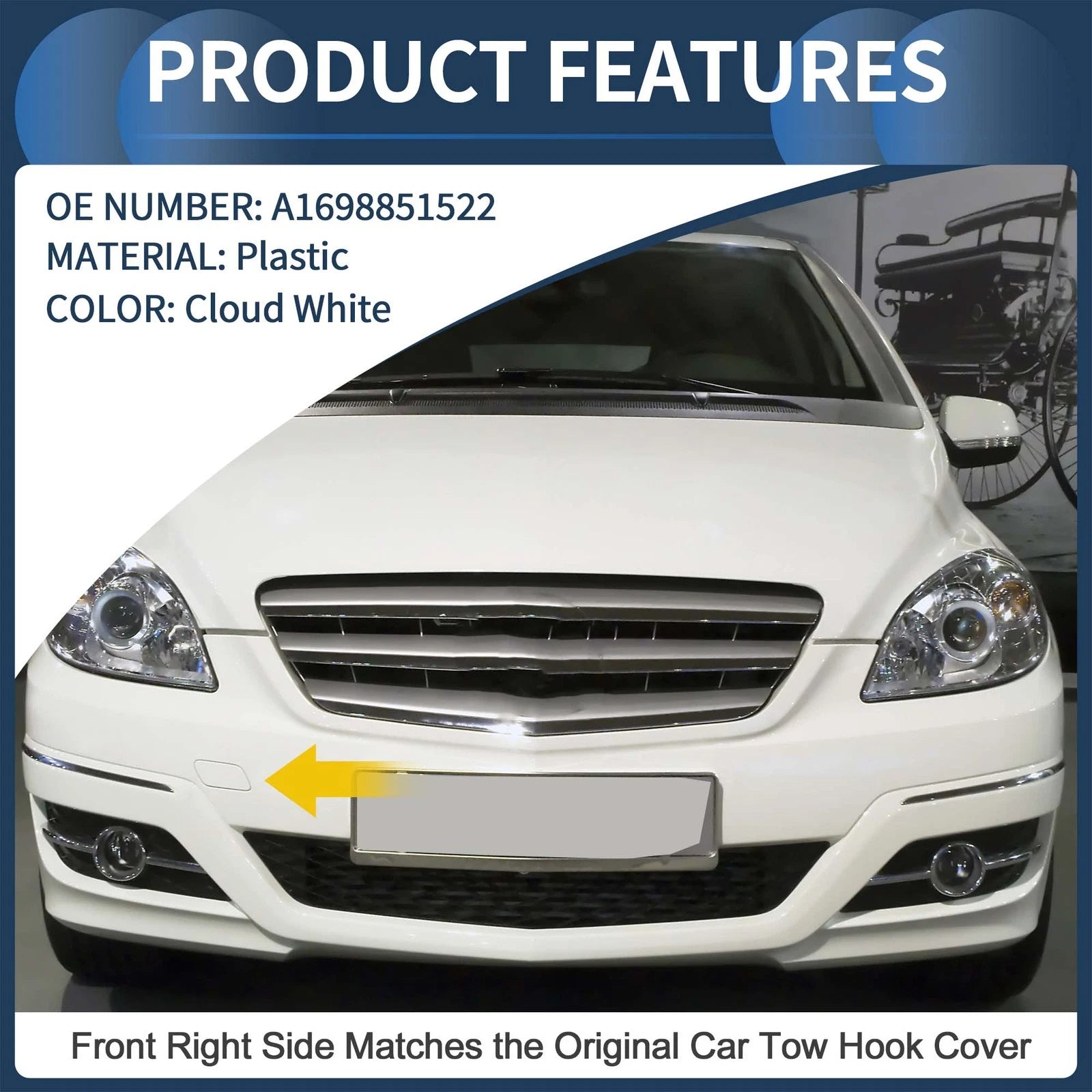 Front Bumper Tow Hook Cover for Mercedes-Benz B-Class (2005–2012) No.A1698851522 Cloud White