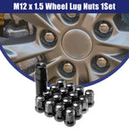 Set of 12 M12x1.25 Car Wheel Hub Lug Nuts for Honda, Chevy, Nissan - Black
