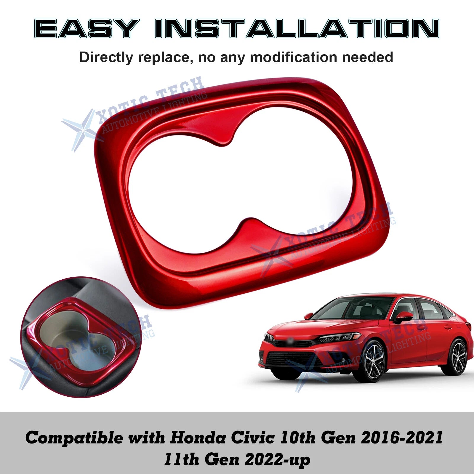 Red Interior ABS Cup Holder Cover Trim for Honda Civic 2016-2021