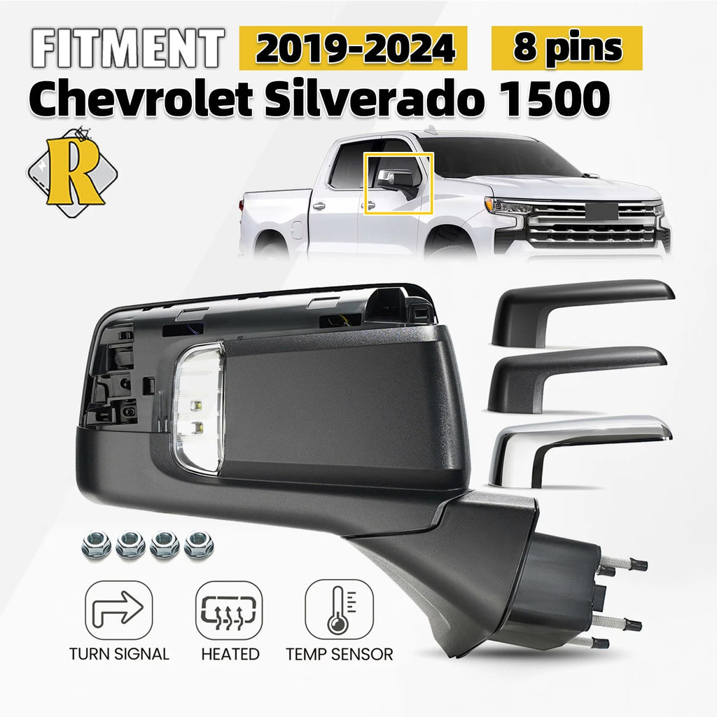 Side Mirror for Chevy Silverado 1500 (2019–2024) W/LED Lamp, Heated, 8 Pins