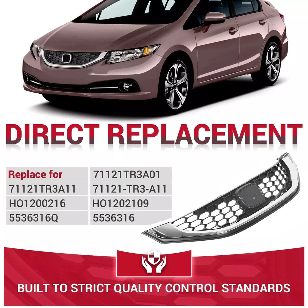 Front Bumper Upper Grille for Honda Civic Sedan (2013–2015) W/Chrome Trim