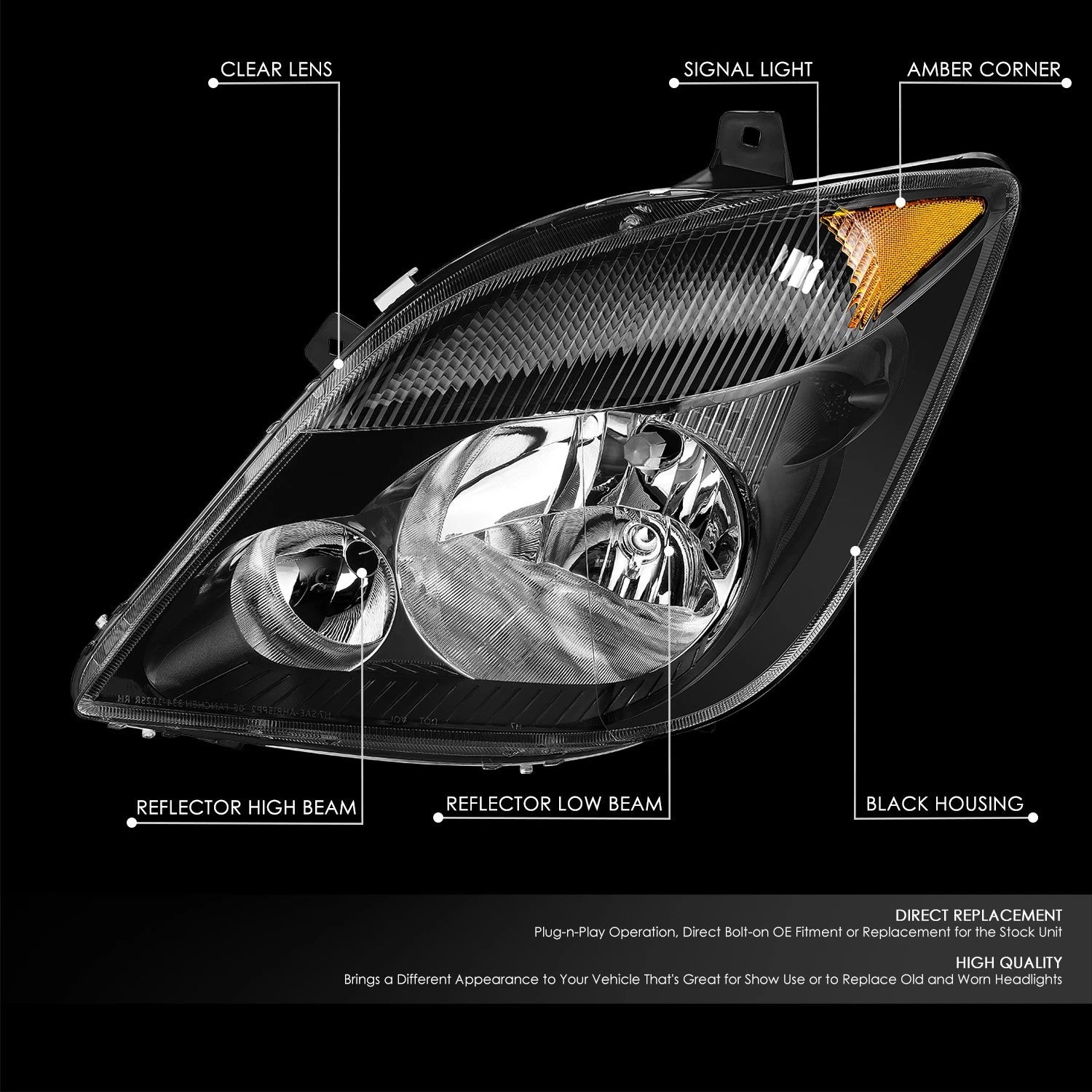 Headlight for Dodge Mercedes Benz Freightliner Sprinter (2007–2013) OE Black Amber