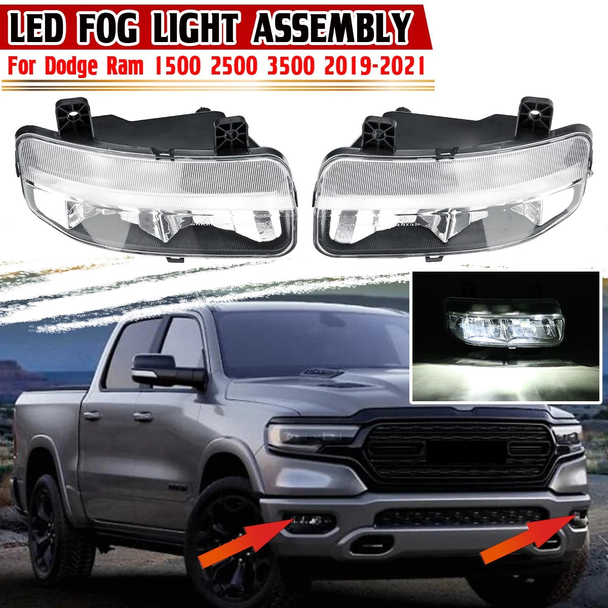 2X Clear Lens LED Fog Lights Assembly for Dodge RAM 1500 2500 3500 (2019–2021)