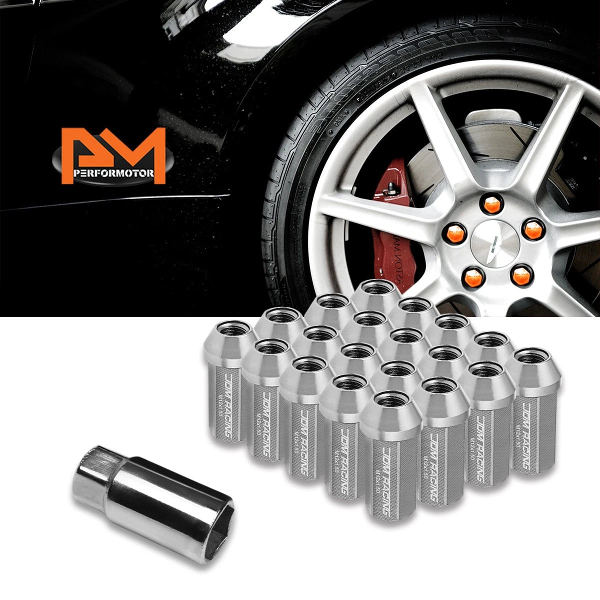 20Pc M12X1.5 Gunmetal JDM Closed End Aluminum Wheel Lug Nuts + Extension 25mmx50mm