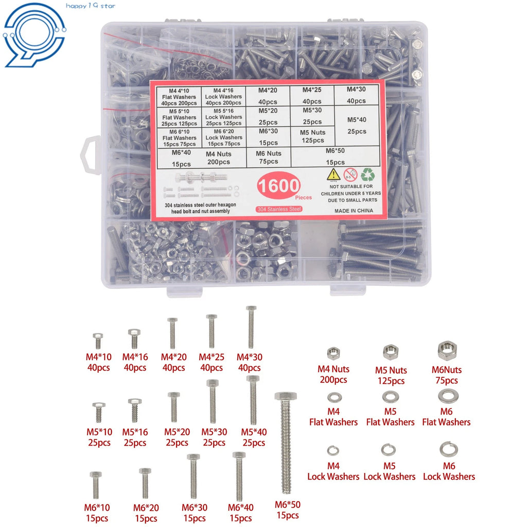 Set of 1600 Heavy Duty Bolts, Nuts & Washers Assortment Kit