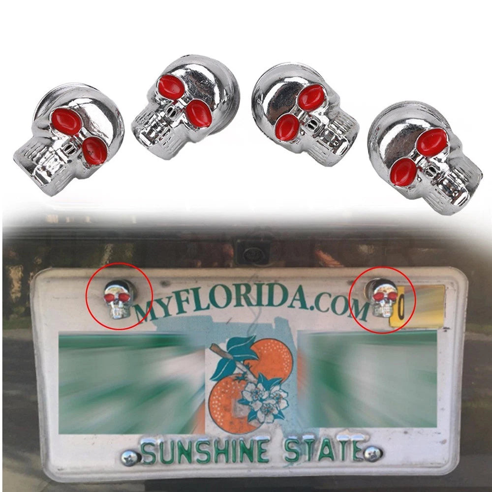 Set of 4 Chrome Skull License Plate Frame Bolts Screws 6mm Red Eye