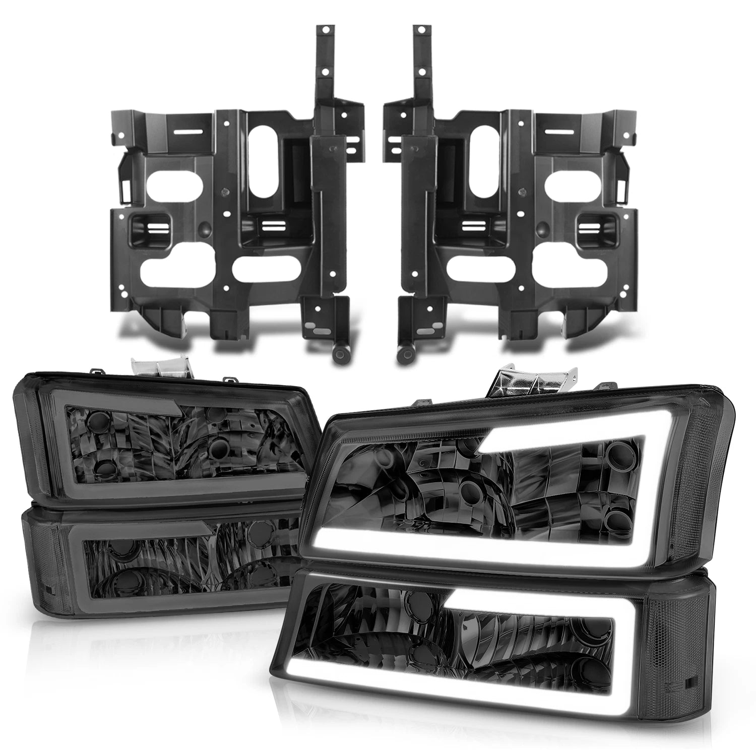 Chrome Smoked LED DRL Headlights + Mounting Brackets for Avalanche Silverado (2003–2007)