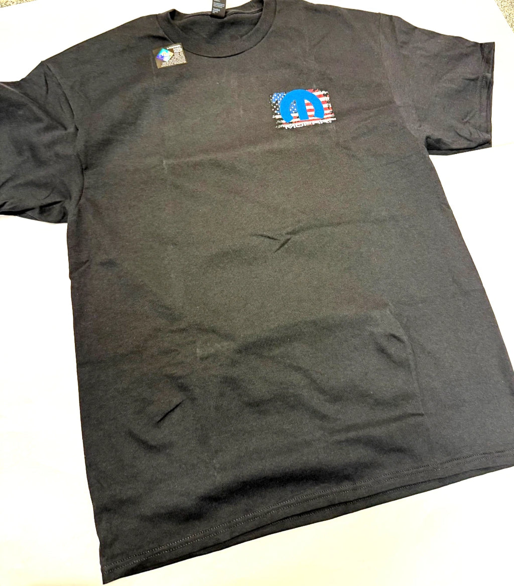 Mopar M Emblem American Flag Licensed Black T-Shirt for Chrysler Owners