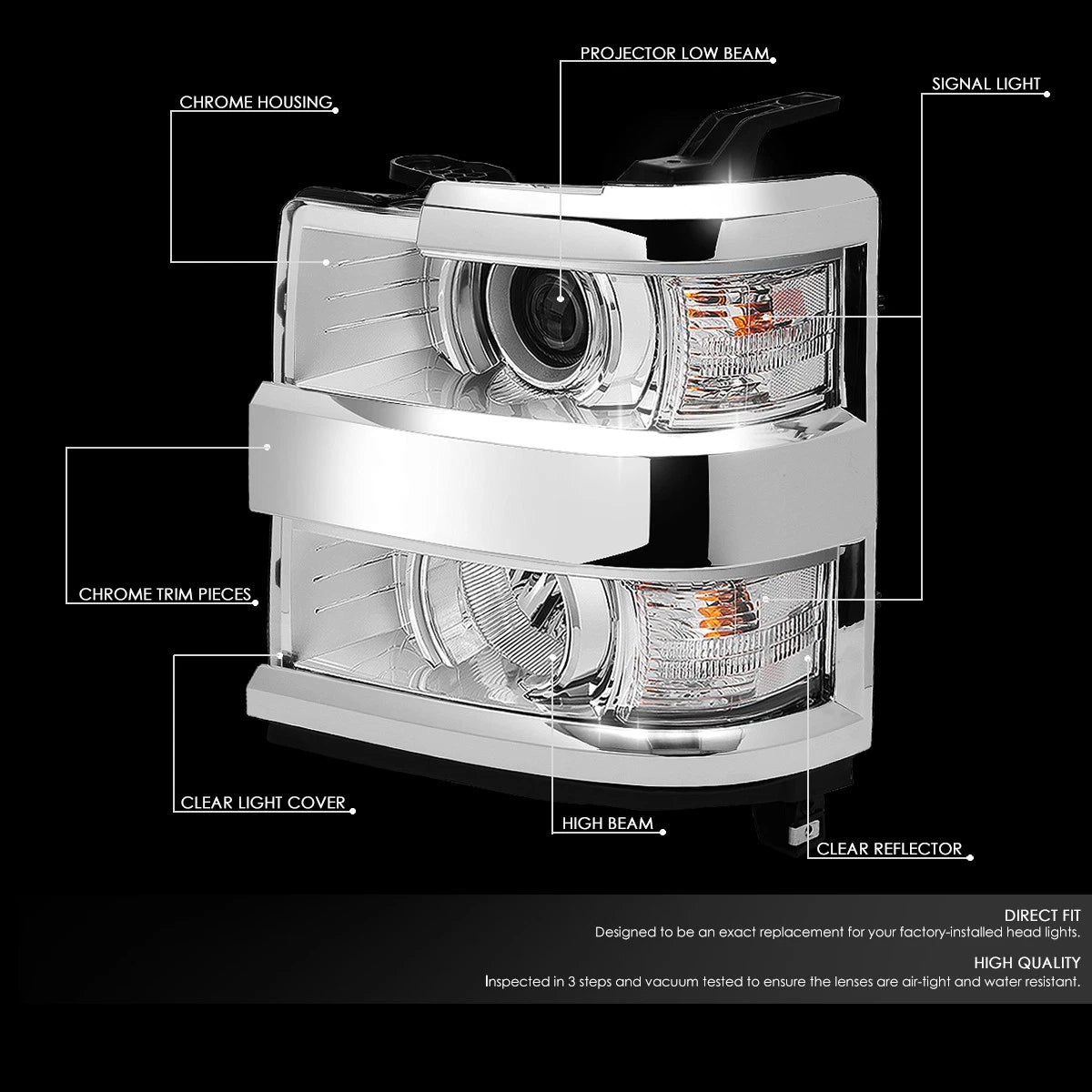 Chrome Clear Signal Projector Headlight for Silverado 2500HD (2015–2019)