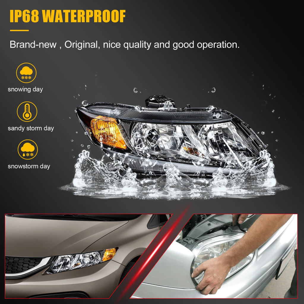 Headlight Assembly Black Pair for Honda Civic 2Dr, 4Dr (2012–2015)