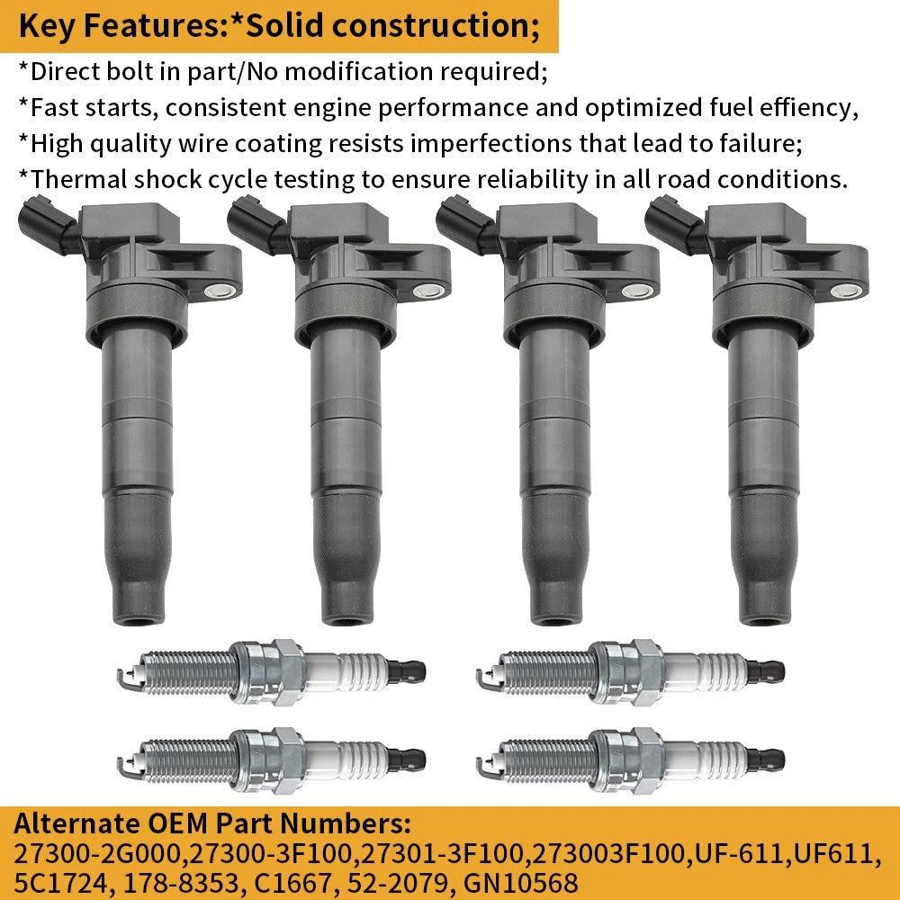 4X Ignition Coil + 4X Iridium Spark Plug for Hyundai Sonata, Kia Optima (2011–2019)