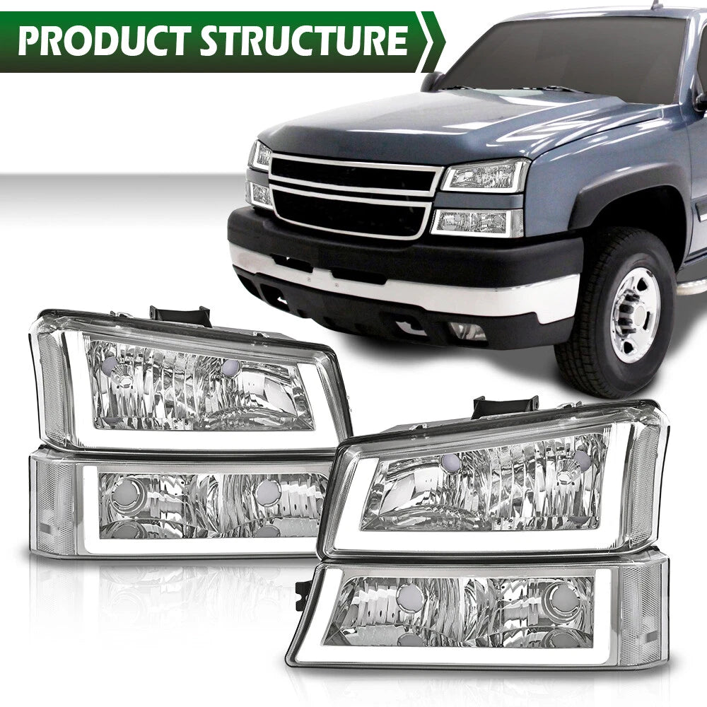 Set of 2 Clear Headlight Lamps with LED DRL and Fog Lights for Silverado