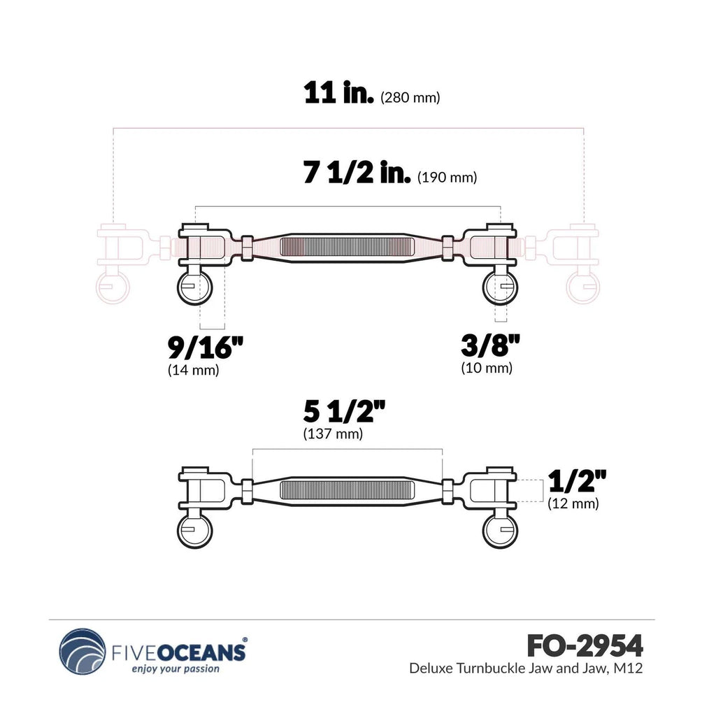 3/8" x 5" Jaw & Jaw Turnbuckle for M10 (Closed Body, 316 Stainless Steel)