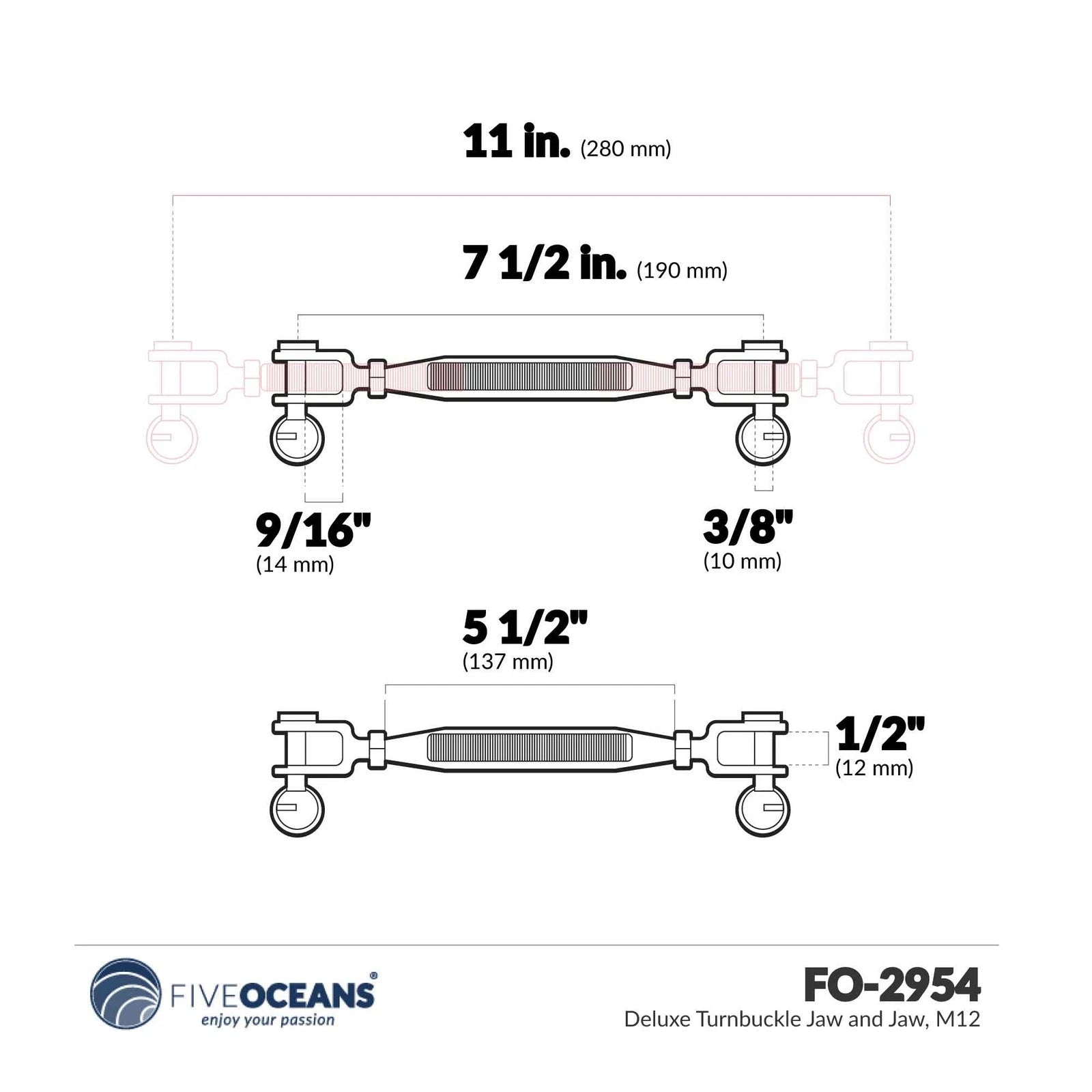 3/8" x 5" Jaw & Jaw Turnbuckle for M10 (Closed Body, 316 Stainless Steel)