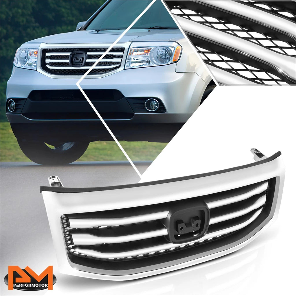 Front Upper Grille Assembly for Honda Pilot (2012–2015) w/Badge Slot, Chrome Moulding