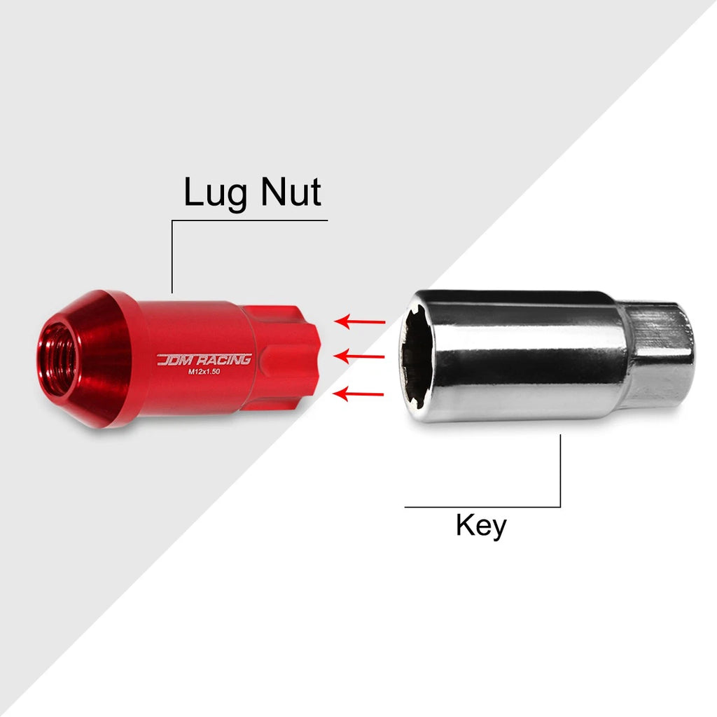 Set of 20 M12X1.5 Red JDM Open End Aluminum Spline Wheel Lug Nuts + Lock Key