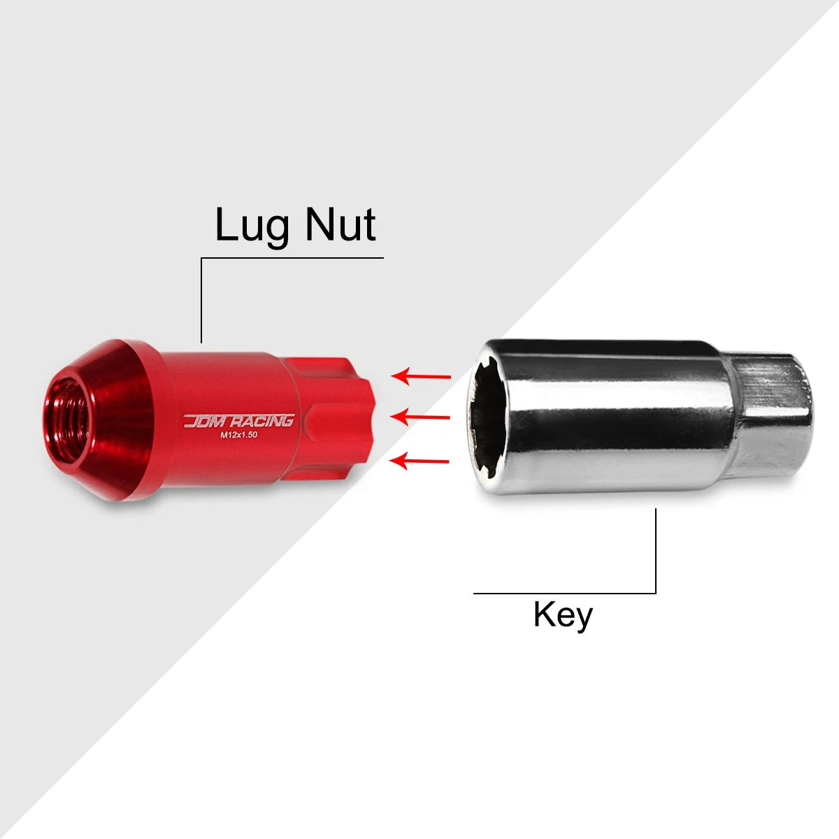 Set of 20 M12X1.5 Red JDM Open End Aluminum Spline Wheel Lug Nuts + Lock Key