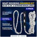 Set of 4 Boat Mooring Ropes 9/16" x 20' with 12" Eye Loop & Snubbers