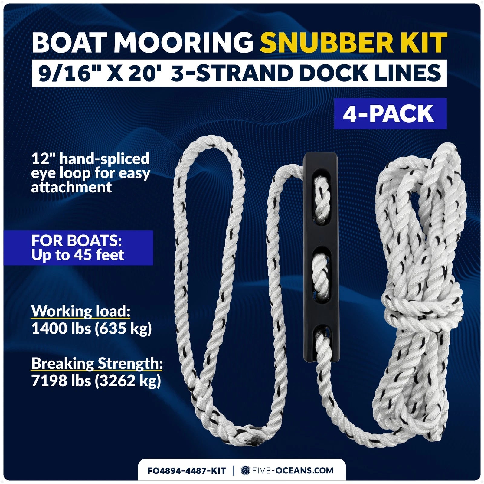 Set of 4 Boat Mooring Ropes 9/16" x 20' with 12" Eye Loop & Snubbers
