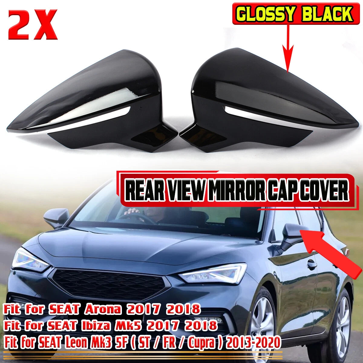 Gloss Black Wing Mirror Cover Cap for SEAT Leon Mk3 (2013–2020), Ibiza (2017–2018)