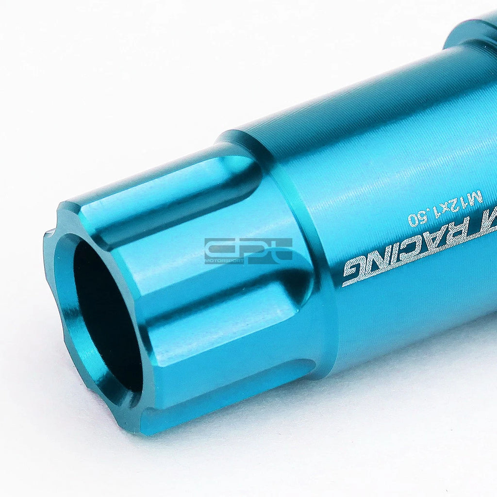 Set of 20 Open End M12x1.5 50mm Tall Sky Blue Aluminum Lug Nuts + Lock Key