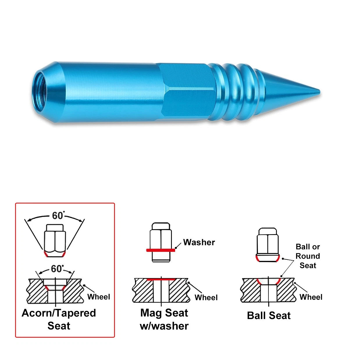 Set of 20 JDM M12X1.5 Light Blue Spiked Aluminum Rim Lug Nuts + Key