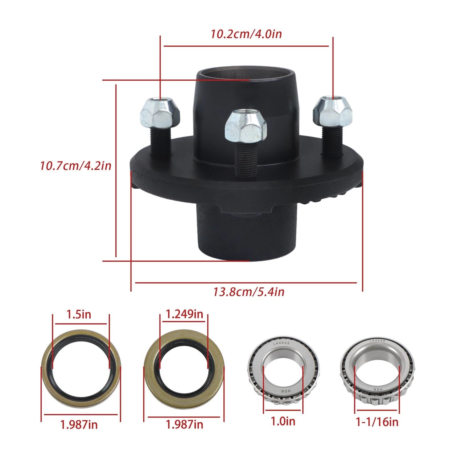 Spindle with Trailer Bearing Kit for 4 on 4" Trailer Hub (2000 lbs, 11pc)