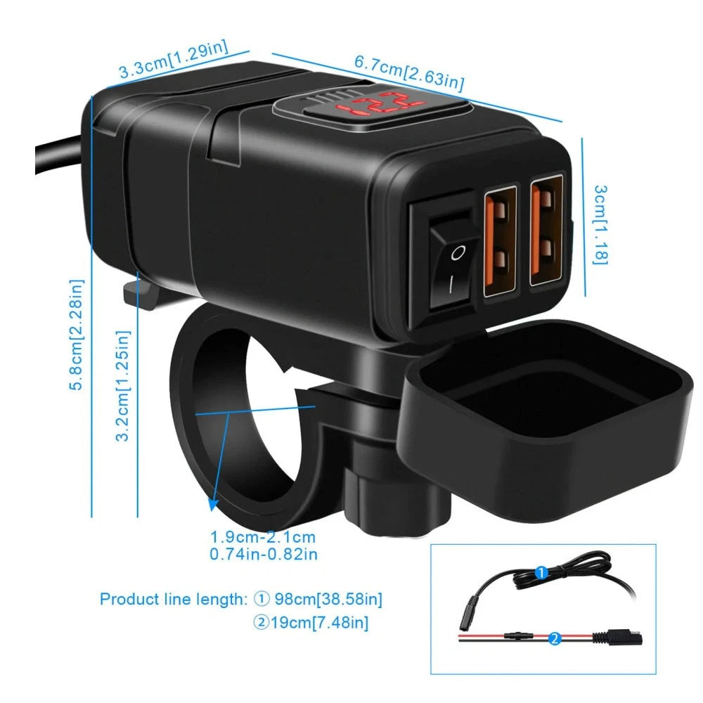 Dual USB Charger Voltmeter for Motorcycles ATV (QC 3.0)