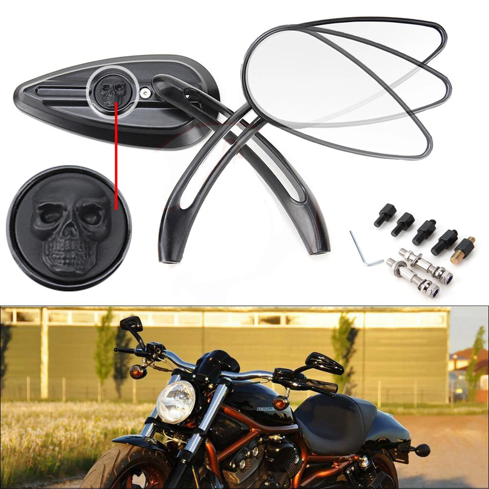 Black Skull Teardrop Mirrors for Harley Touring Dyna Sportster 883 1200 (2010–2023)