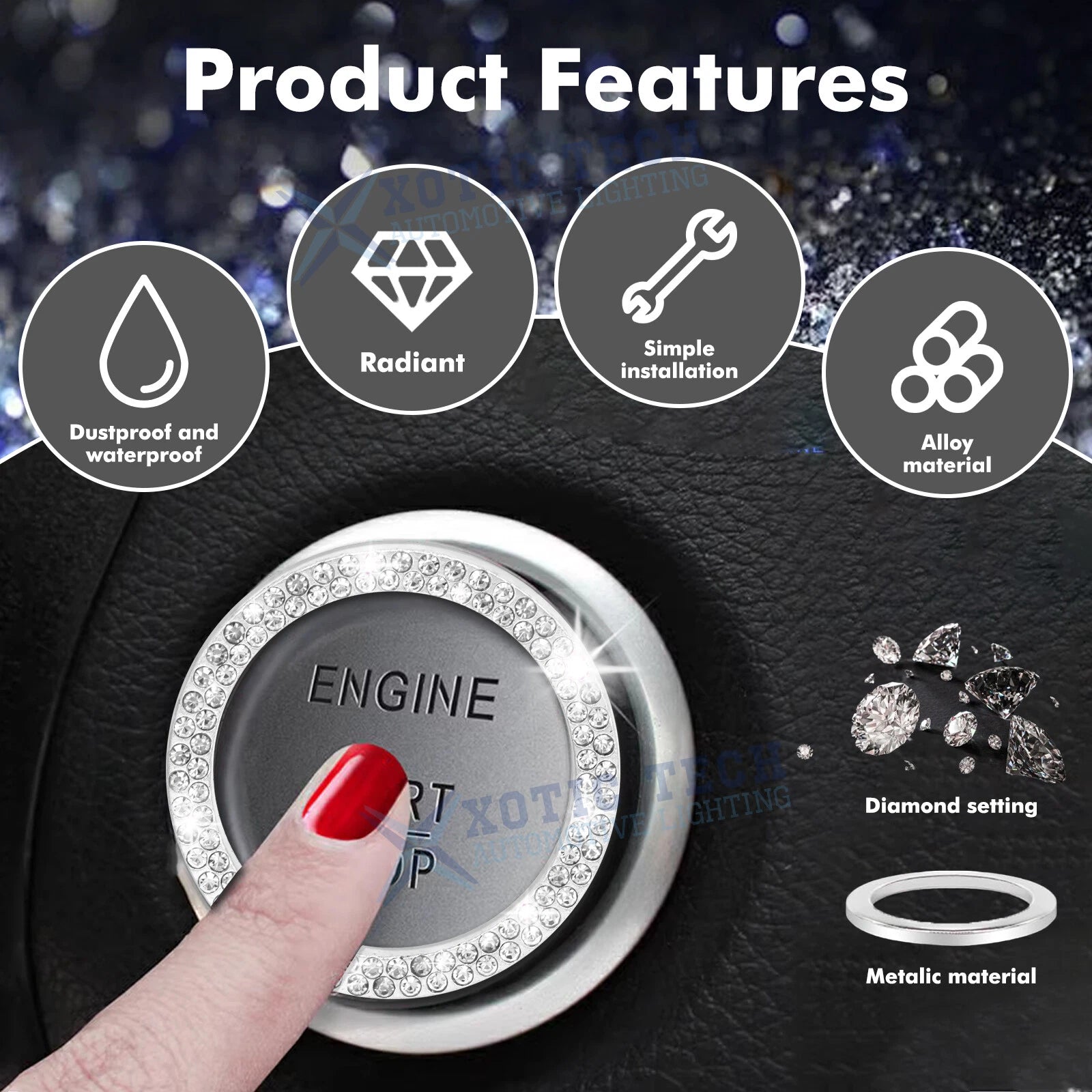 Push Start Button Bling Ignition Ring Sticker for Car Interior (2020-2025)