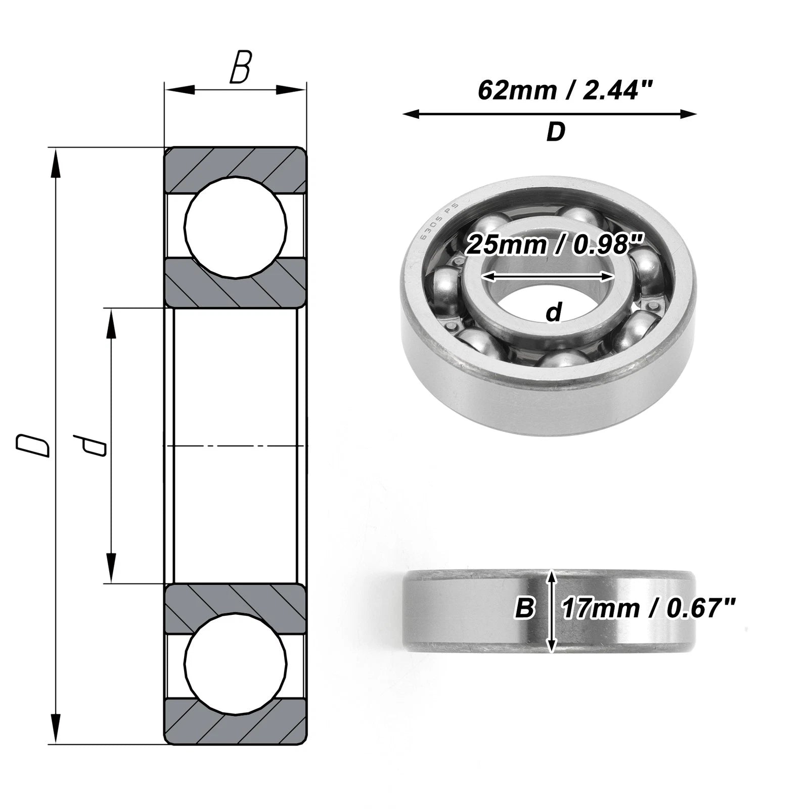 Deep Groove Ball Bearing 25x62x17mm for Scooter Skateboard (No Year)
