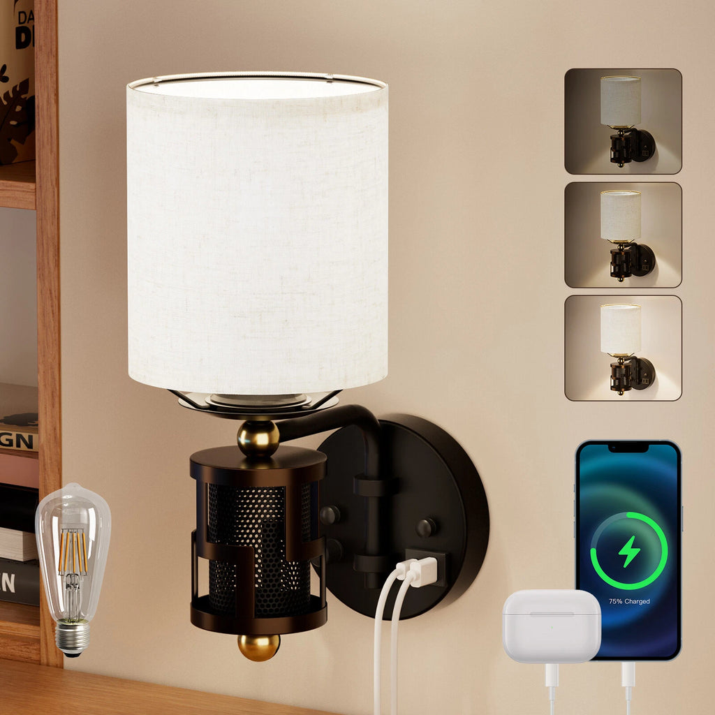 Dimmable Wall Sconce for Vintage Bedroom Fabric Shade Bronze