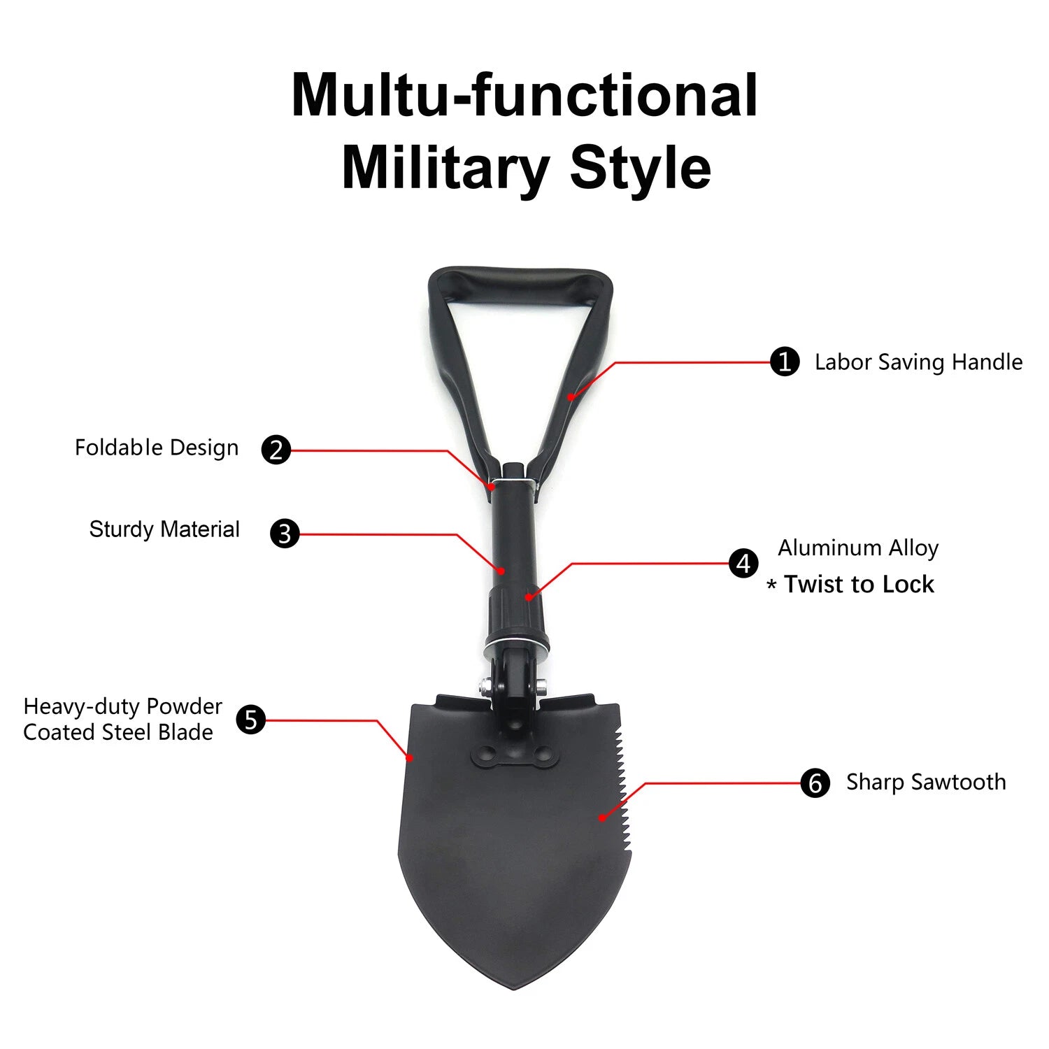 Tri-Fold Shovel for Military Camping Survival Scouting (Black)