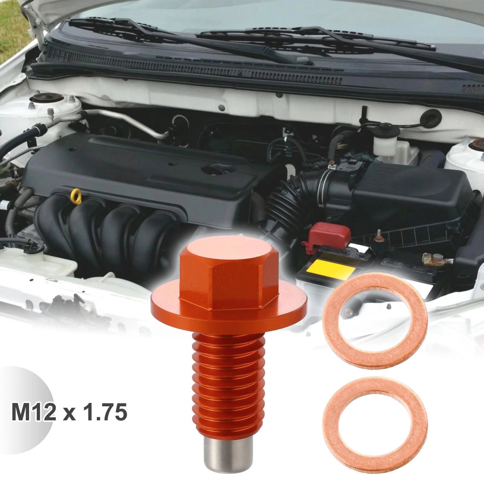 M12 x 1.75 Magnetic Oil Drain Plug for Universal Applications (Aluminium, Orange)