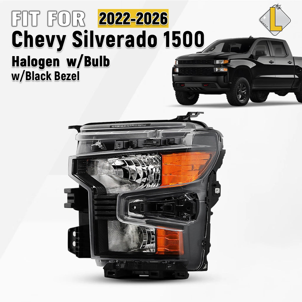 Halogen Headlight for Chevy Silverado 1500 (2022–2026) Black Driver Side