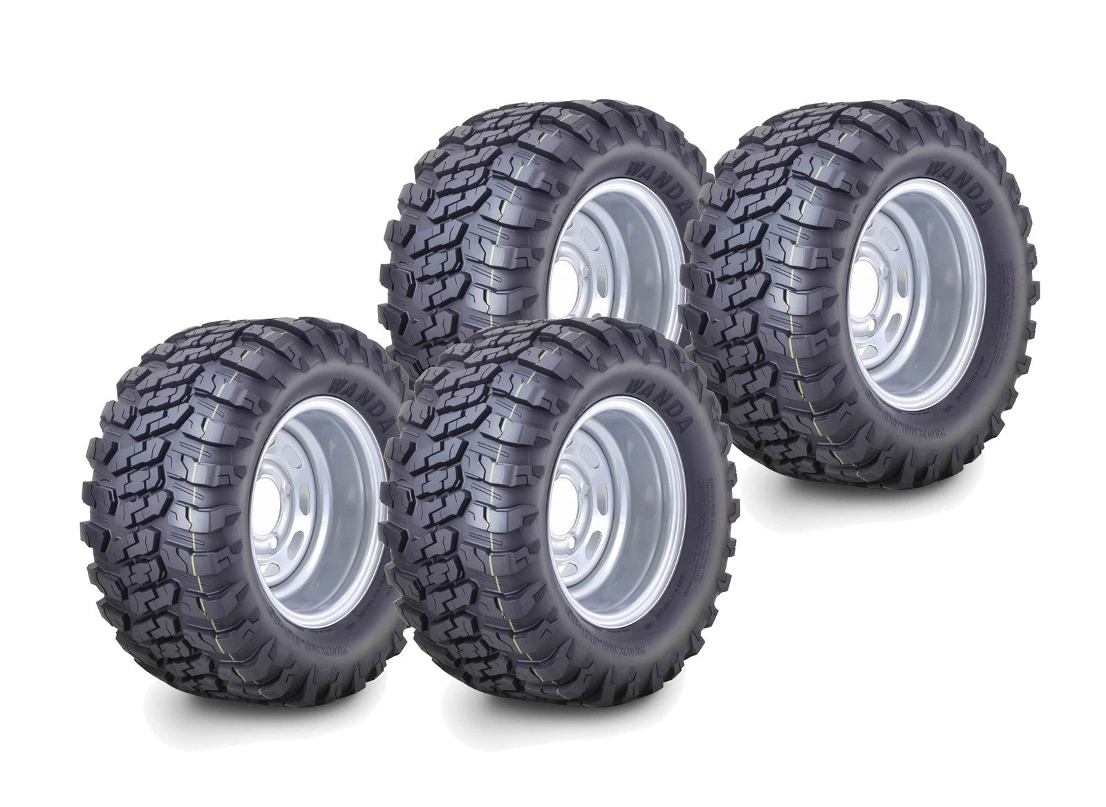 Set of 4 Wanda AT Golf Cart Tires & Wheels 20X10-10 4x4" PCD ET-15.5 Silver