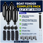 Set of 4 Boat Fenders 4.5"x16" with Dock Lines and Fender Clip