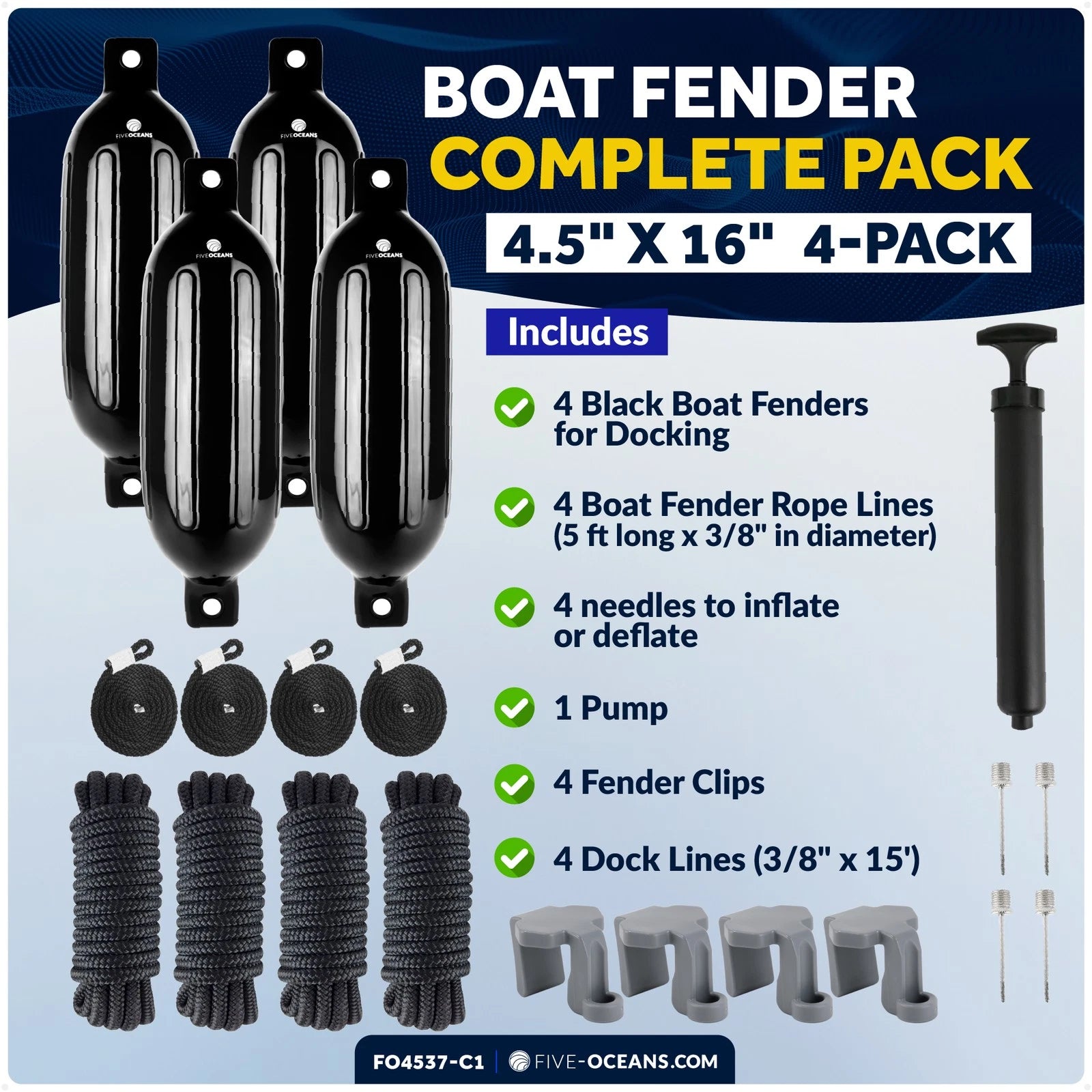 Set of 4 Boat Fenders 4.5"x16" with Dock Lines and Fender Clip