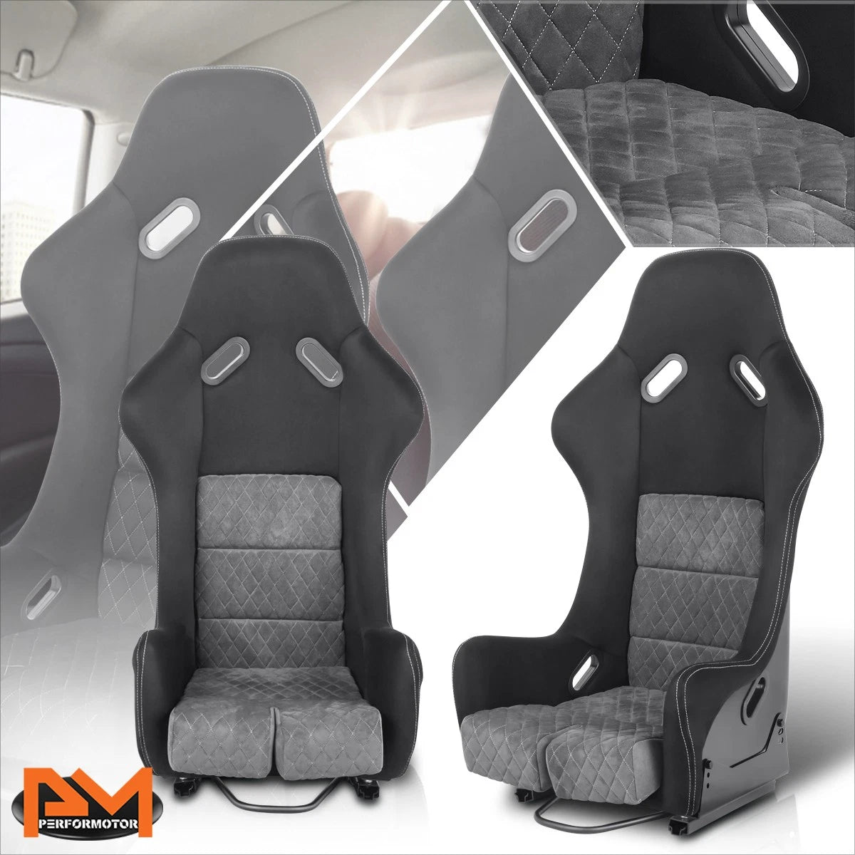 Pair Racing Bucket Seats for Universal Fit (Suede Leather, Grey)